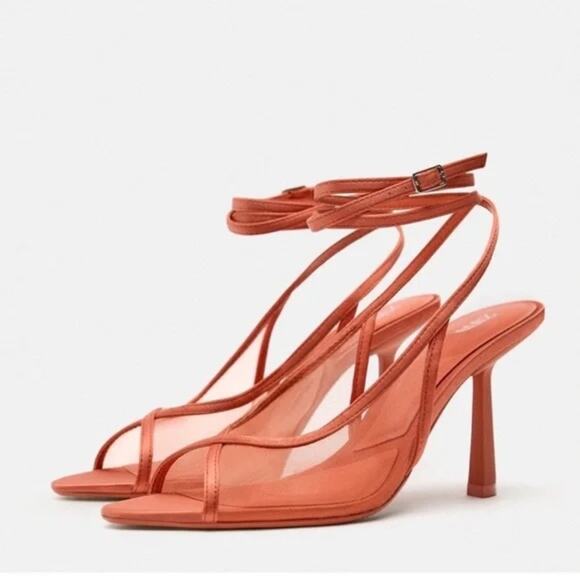 Zara coral red mesh strappy pointed heels NEW 41/10 - Picture 12 of 12